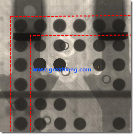 BGA錫球尺寸小于0.4mm，采用降低BGA內(nèi)圍襲球的錫膏量所得到X-Ray，稍微留意一下可以發(fā)現(xiàn)最外圈的錫量(圓的直徑)比其他內(nèi)圍的錫球上的錫量來得多一點點。也就是外圈的黑色圓形直徑比內(nèi)圈的圓形來得大一點點。
