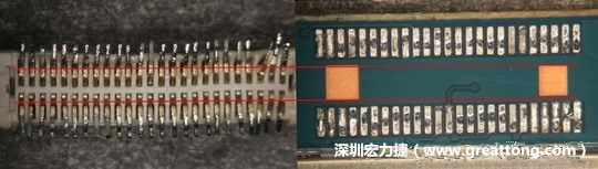 把板對(duì)板連接器與其電路板的佈線焊墊作一個(gè)比較，端子的切斷面有毛邊的地方剛好對(duì)到了裸銅區(qū)。