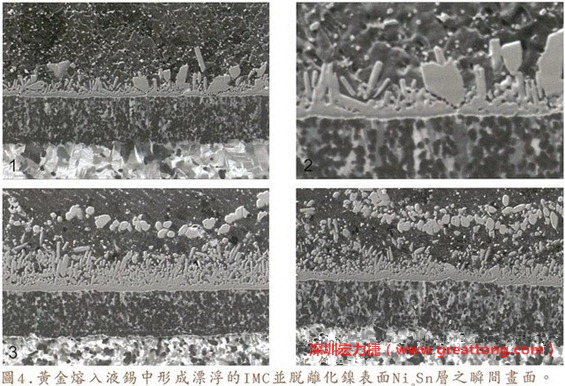 下面四張圖片為放大4500倍的SEM圖像，說明在回流焊爐熱量不足的情況下，黃金成份正要從鎳層分離融入焊錫之中的瞬間，當(dāng)零件遭受外力沖擊的時候就極有可能從這一整排AuSn、、AuSn2或AuSn4的IMC處裂開。