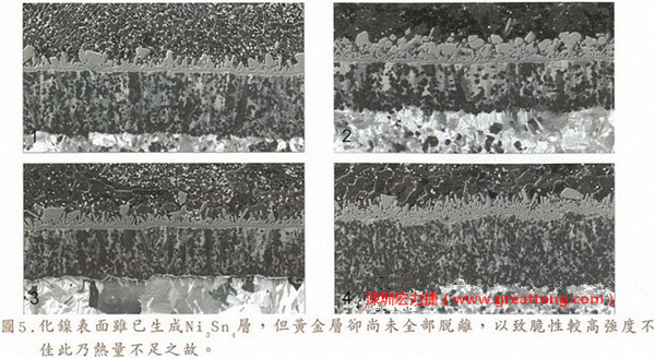 下面四圖顯示，當(dāng)焊接的熱量不足或未持續(xù)時，雖然Ni3Sn4的薄薄IMC層已經(jīng)生成而焊牢，但也會因為AuSn及AuSn2還未來得及逸走，而停留在共金介面附近，當(dāng)有外力拉扯的時候，就很容易斷裂開來。這就是為何ENIG的焊點強(qiáng)度，始終不如銅面焊點(Cu6Sn5)來得更為牢固的主因之一。