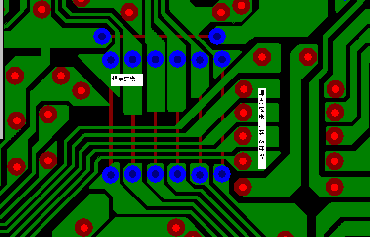 PCB設(shè)計(jì)焊點(diǎn)過密，易造成波峰連焊，焊點(diǎn)間漏電