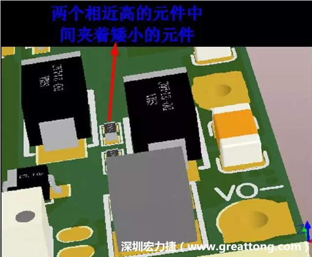 放置器件時(shí)要考慮以后的焊接和維修，兩個(gè)高度高的元件之間盡量避免放置矮小的元件