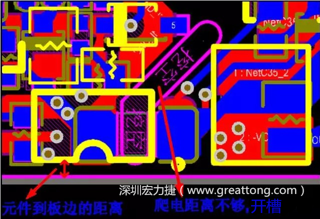 如果碰到模塊PCB空間有限，爬電距離不夠，可以采用開槽的方式
