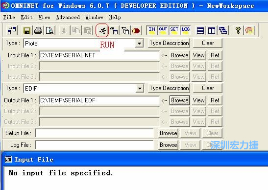 輸出文件類型(Type)選 EDIF。Output File 1 指定輸出文件的文件名和路徑。然后點擊 Run(跑動的小人)。