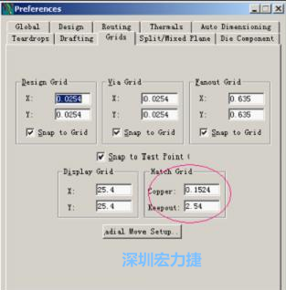  改銅皮的填充網(wǎng)格Global→Design Units，填充方向Drafting→Direction；Hatch Grid中Copper此數(shù)值為大銅箔中所填充的線條中心到中心的距離。