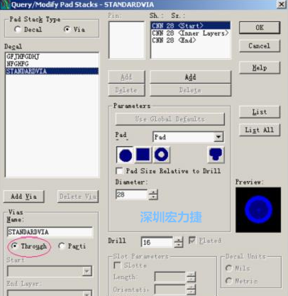 分析文件完成后，點擊菜單Setup→Pad Stacks調(diào)出焊盤堆設置窗口，將Pad Stack Type改為Via