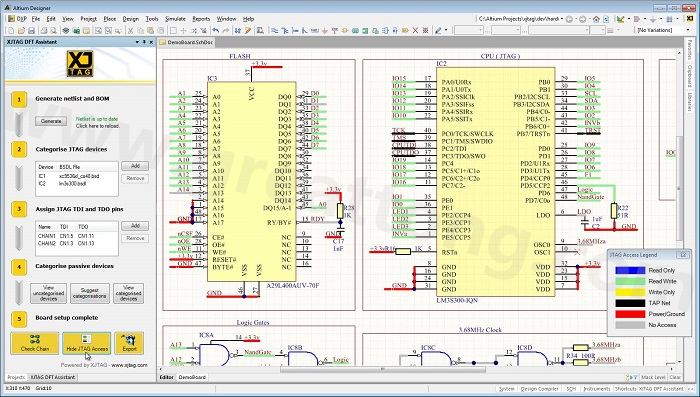 XJTAG DFT Assistant的Access Viewer模式可以清楚地顯示可用的測試存取層級，讓電路板設(shè)計人員在展開PCB布局以前的原理圖擷取階段盡可能地提高測試存取能力