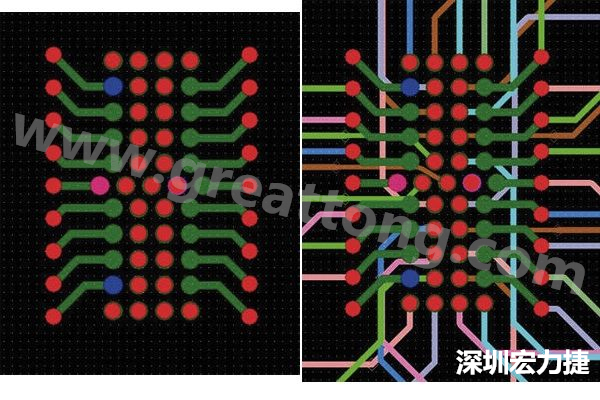 圖7：焊盤(pán)內(nèi)過(guò)孔用于內(nèi)部，而外部接腳在0.5mm閘格上扇出。圖7a顯示的是頂層(左)；圖7b顯示頂層和內(nèi)部布線層(右)。