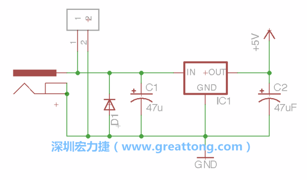 2.5.    新增一個二極體，它會以水平的狀態(tài)出現(xiàn)在屏幕上，請使用「旋轉(zhuǎn)（Rotate）」工具把它負極那一面朝上，并且用「網(wǎng)絡(luò)連接」工具將它連接在電壓調(diào)整器的輸入端和接地端之間。