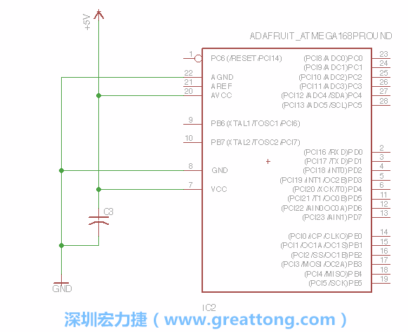 3.1.    新增微控制器晶片（RBBB → ATmega），把它放在電路原理圖的中央附近，把它的兩個接地接頭連接到接地訊號端。
