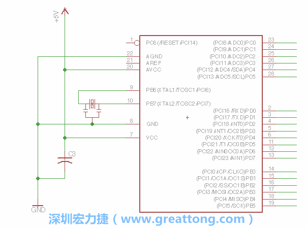 3.2.    在靠近ATmega的電源供應針腳7的位置放置一個0.1μF的電容，將它分別連接電源、接地端和針腳7。