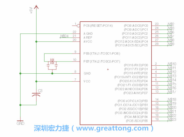 3.3.    將共鳴器（resonator）放置在針腳9和針腳10附近，將它的三個針腳連接如圖所示，并確認最中間的針腳有連到接地端。
