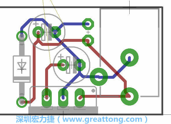 接地連結(jié)點(diǎn)的布線情形如下圖所示，利用這個(gè)練習(xí)來(lái)避免電路連線銳角化的產(chǎn)生是一個(gè)不錯(cuò)的選擇，你可以在工具列中的彎曲線路（Wire Bend）選項(xiàng)里改變各種布線的變化。