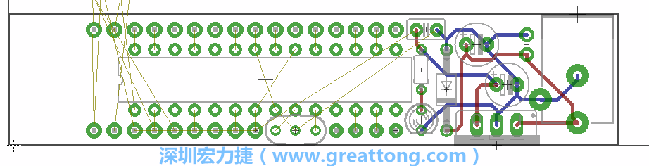 將ATmega微控制器、三個(gè)GPIO排針（JP2, JP3, JP4）和諧振器（resonator）排置如上圖所示。