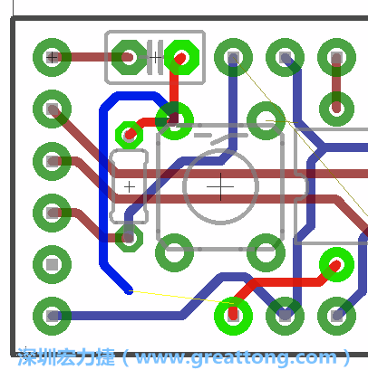 要在電路板正面進(jìn)行+5V信號(hào)線連結(jié)和其他連結(jié)點(diǎn)的布線工作是非常容易的，而重置信號(hào)線（信號(hào)線用來(lái)連結(jié)電路板正面左邊的重置開(kāi)關(guān)）需要經(jīng)過(guò)一個(gè)可以通過(guò)電路板正反兩面的電路通道，這個(gè)通道是一個(gè)可以讓電路板正反兩面線路連接的一個(gè)小孔。