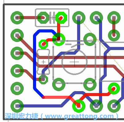 為了要?jiǎng)?chuàng)造一個(gè)電路通道，首先要先點(diǎn)擊重置開(kāi)關(guān)的連結(jié)點(diǎn)進(jìn)行布線，在電路板的背面繪制線路直到其它線路前的乾淨(jìng)區(qū)域。