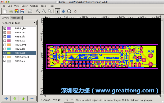 將圖層匯入你的Gerber預(yù)覽工具內(nèi)（下圖為Gerbv），我通常會(huì)從上到下重新排列它們的順序，好讓我比較好校對(duì)：