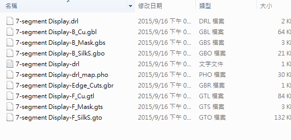 所謂Gerber檔，其實(shí)是包含一群檔案 (如下圖所示)，如包含正反面銅箔層 F.Cu B.Cu.，正反面文字面 F.Silkscreen ，B.Silkscreen，防焊層 SolderMask、板邊裁切Edge.Cuts 等。