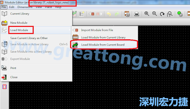 進入Module Editor去載入其他Footprint(Module)進來， 從目前的Active library (不過要先選取一個Current library ) 載入Module 或從目前正在編輯的PCB載入Module。